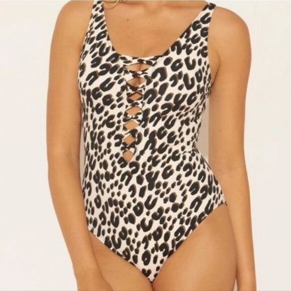 New with tags Bleu Rod Beattie Animal Print Lace Down Twist Front One-Piece Swim - Picture 3 of 15
